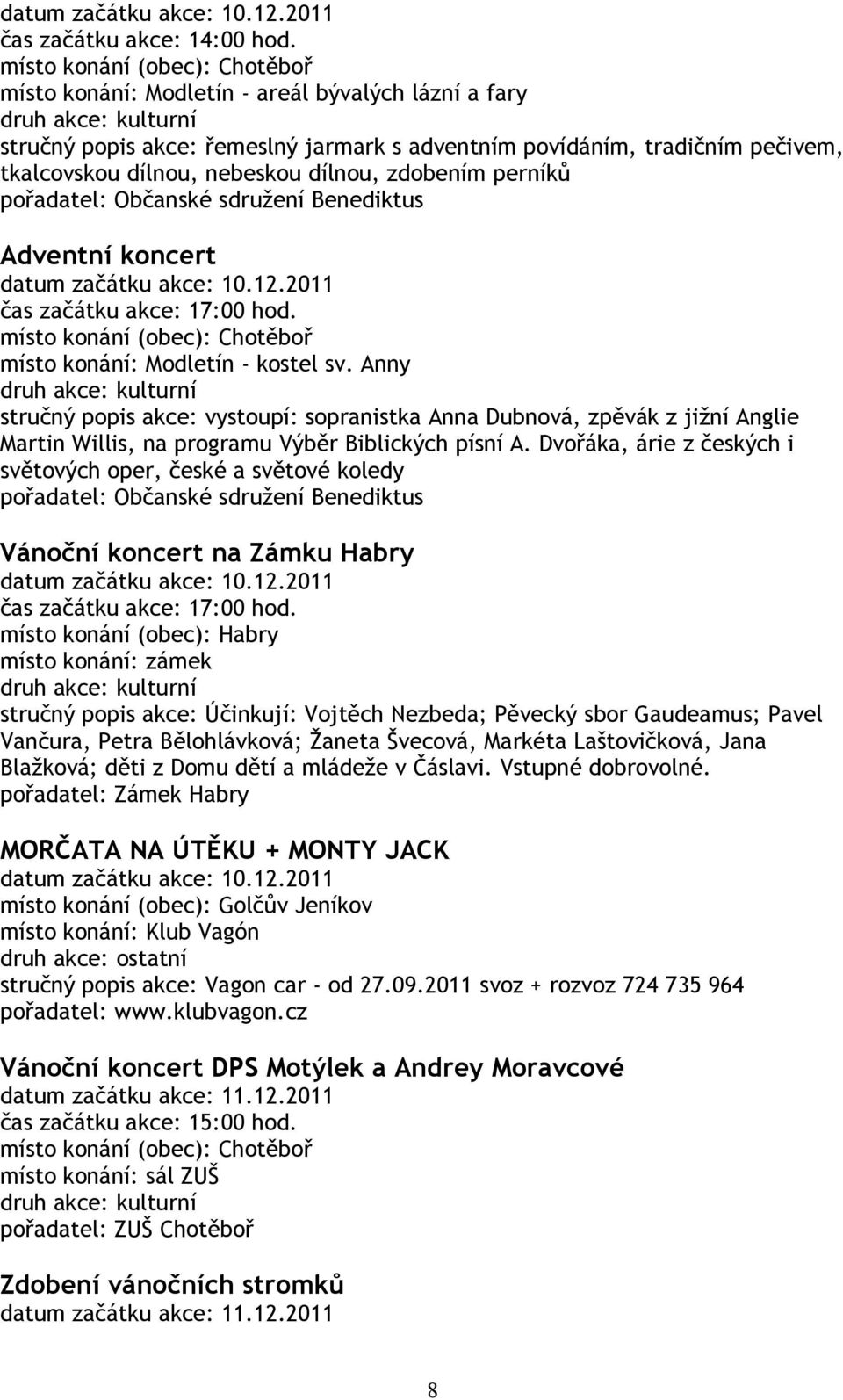 Občanské sdružení Benediktus Adventní koncert datum začátku akce: 10.12.2011 čas začátku akce: 17:00 hod. místo konání: Modletín - kostel sv.