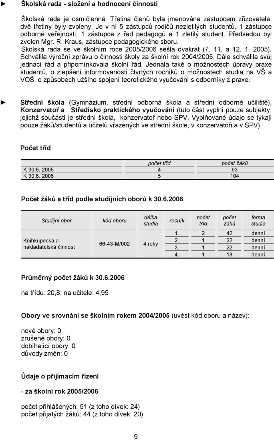 Školská rada se ve školním roce 2005/2006 sešla dvakrát (7. 11. a 12. 1. 2005). Schválila výroční zprávu o činnosti školy za školní rok 2004/2005.