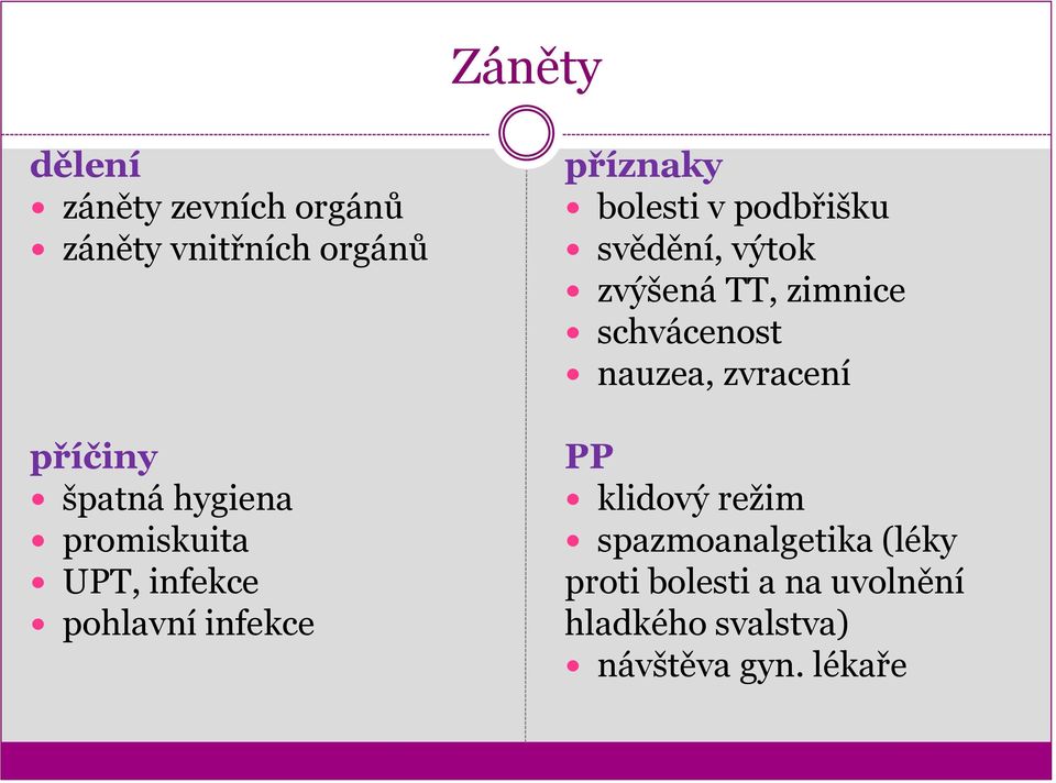 svědění, výtok zvýšená TT, zimnice schvácenost nauzea, zvracení klidový režim