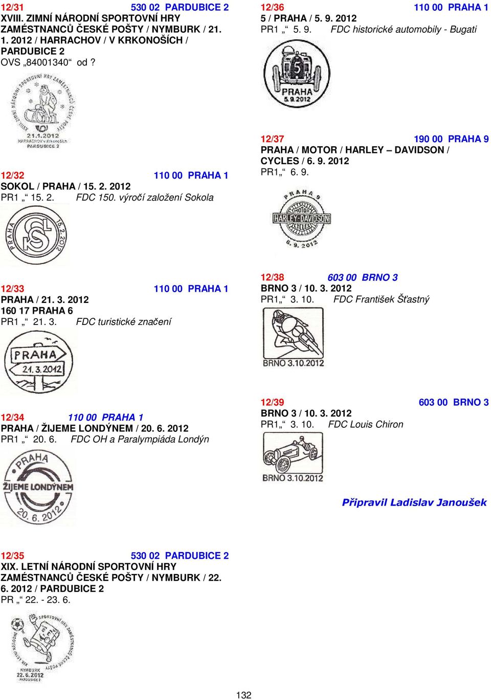 výročí založení Sokola 12/37 190 00 PRAHA 9 PRAHA / MOTOR / HARLEY DAVIDSON / CYCLES / 6. 9. 2012 PR1 6. 9. 12/33 110 00 PRAHA 1 PRAHA / 21. 3. 2012 160 17 PRAHA 6 PR1 21. 3. FDC turistické značení 12/38 603 00 BRNO 3 BRNO 3 / 10.