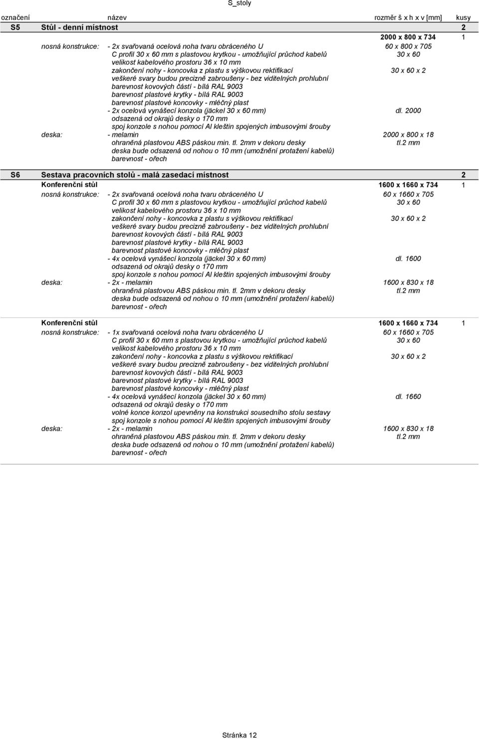 2000 S6 Sestava pracovních stolů - malá zasedací místnost 2 Konferenční stůl 1600 x 1660 x 734 1 nosná konstrukce: - 2x svařovaná ocelová noha tvaru obráceného U 60 x 1660 x 705 C