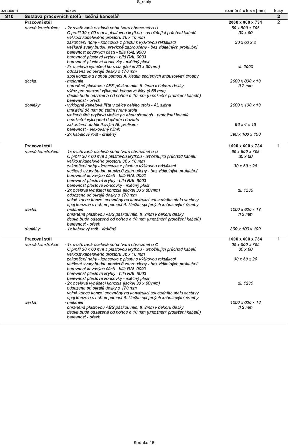 2000 Pracovní stůl 1000 x 600 x 734 1 60 x 600 x 705 C profil mm s plastovou krytkou - umožňující průchod kabelů x 25-2x ocelová vynášecí konzola (jäckel mm) dl.