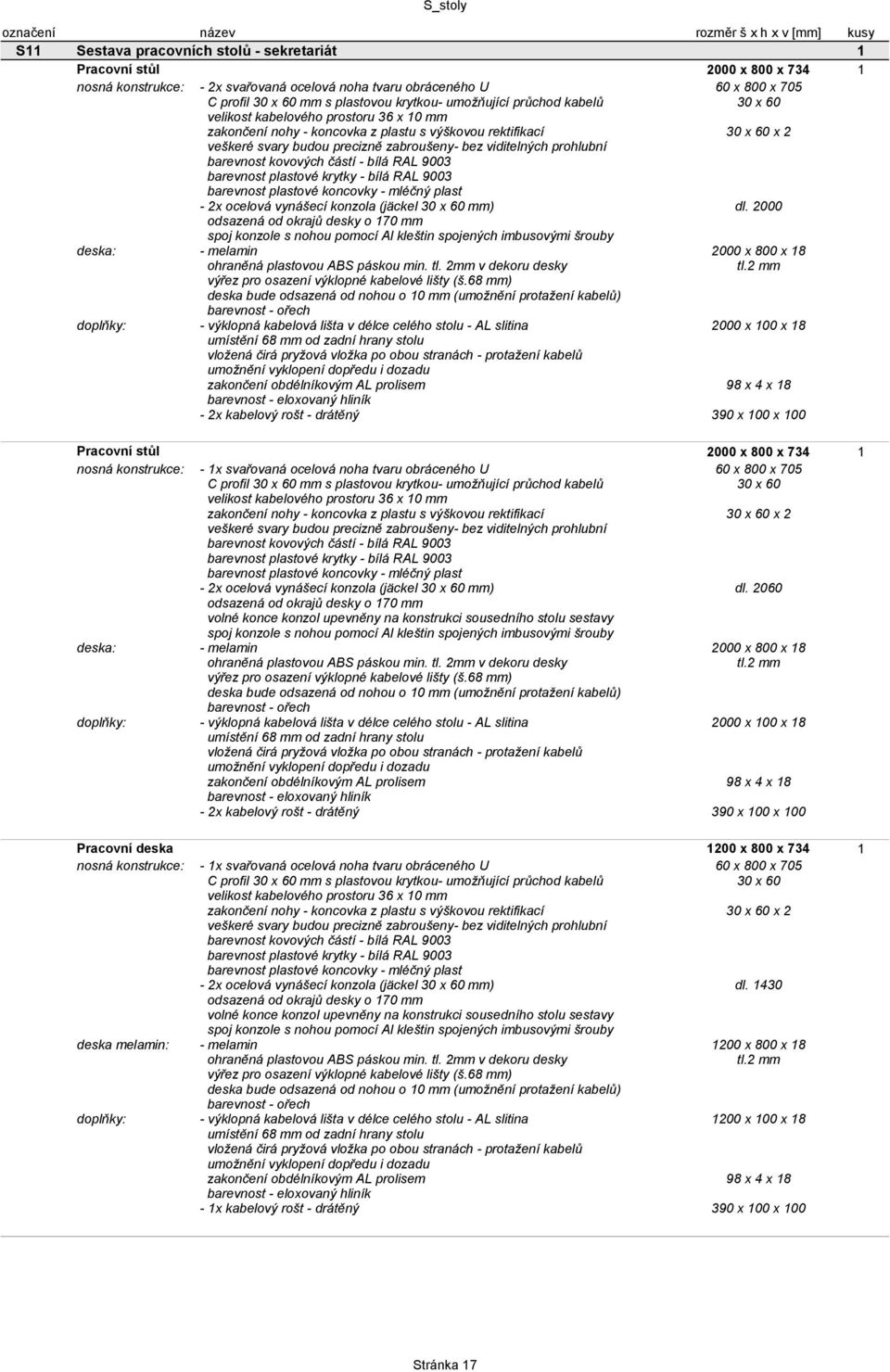 2000 Pracovní stůl 2000 x 800 x 734 1 C profil mm s plastovou krytkou- umožňující průchod kabelů x 2 veškeré svary budou precizně zabroušeny- bez viditelných prohlubní - 2x ocelová vynášecí konzola