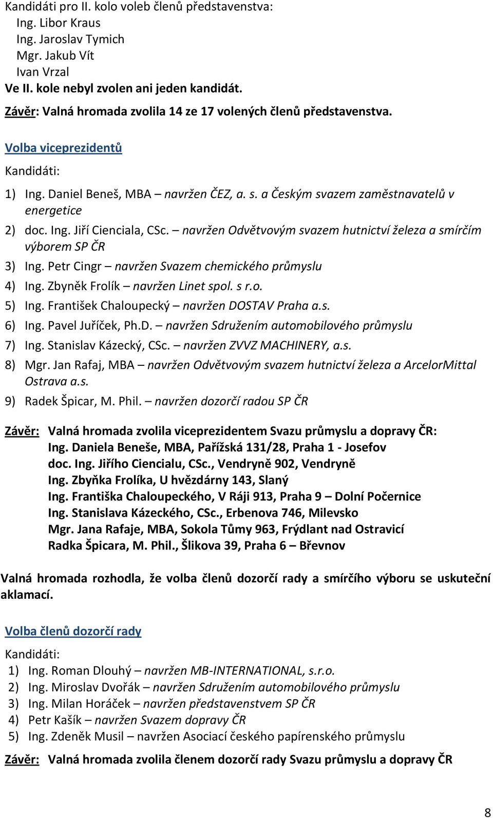 Ing. Jiří Cienciala, CSc. navržen Odvětvovým svazem hutnictví železa a smírčím výborem SP ČR 3) Ing. Petr Cingr navržen Svazem chemického průmyslu 4) Ing. Zbyněk Frolík navržen Linet spol. s r.o. 5) Ing.