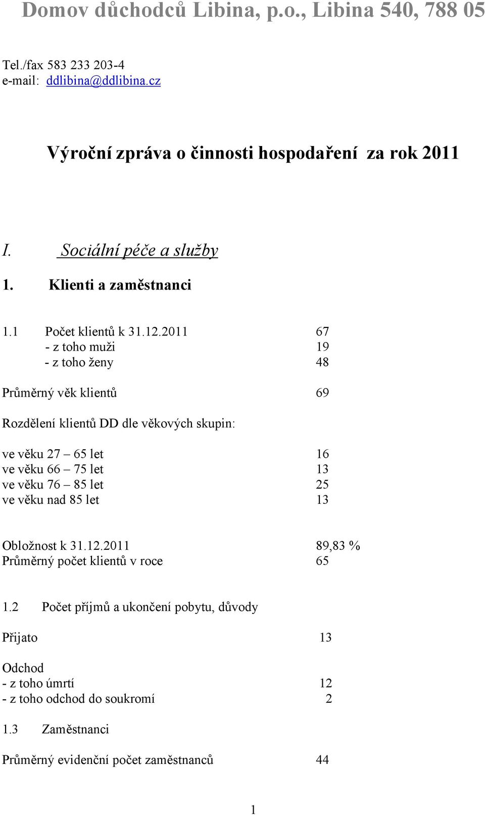 2011 67 - z toho muži 19 - z toho ženy 48 Průměrný věk klientů 69 Rozdělení klientů DD dle věkových skupin: ve věku 27 65 let 16 ve věku 66 75 let 13 ve věku 76