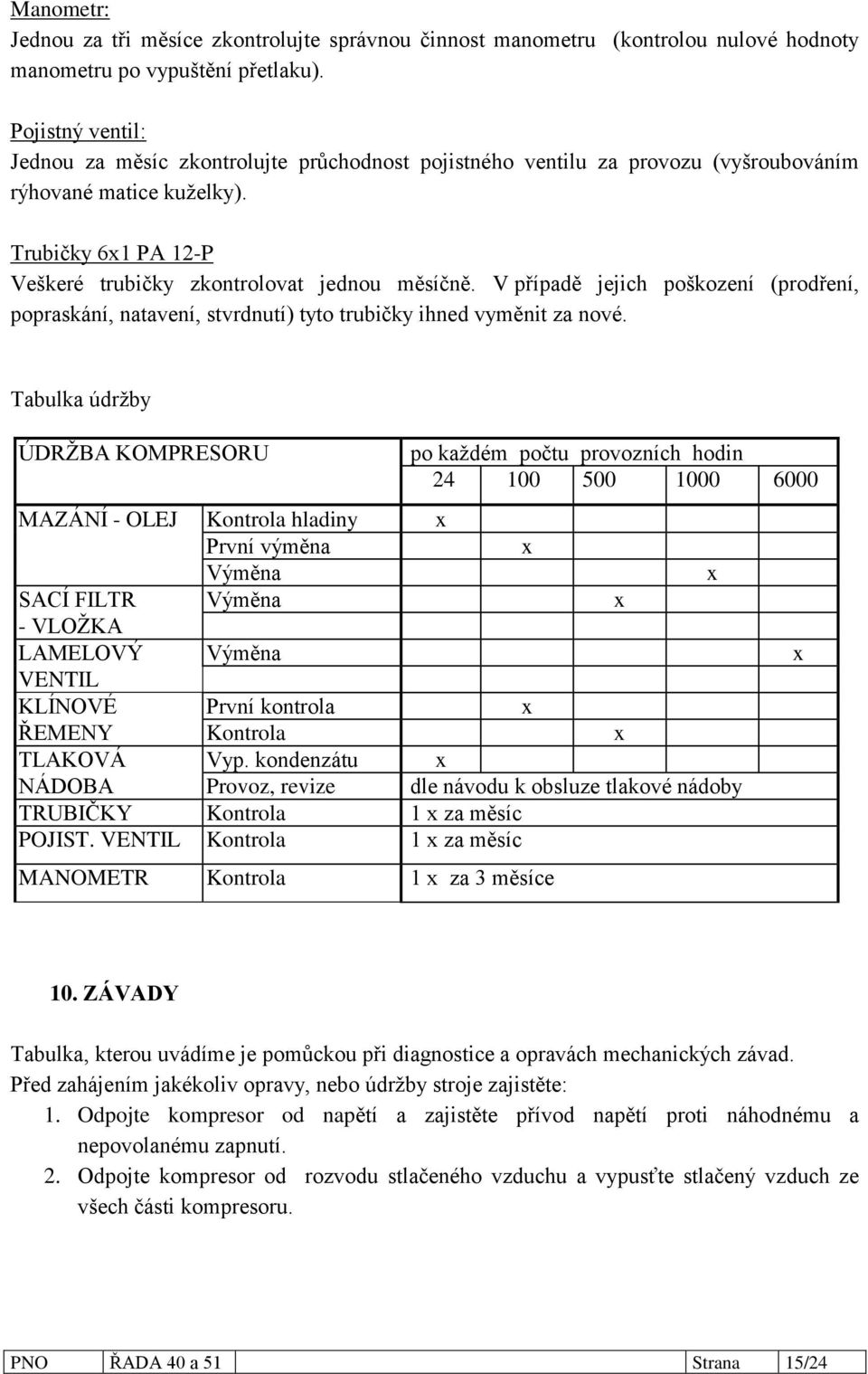 V případě jejich poškození (prodření, popraskání, natavení, stvrdnutí) tyto trubičky ihned vyměnit za nové.