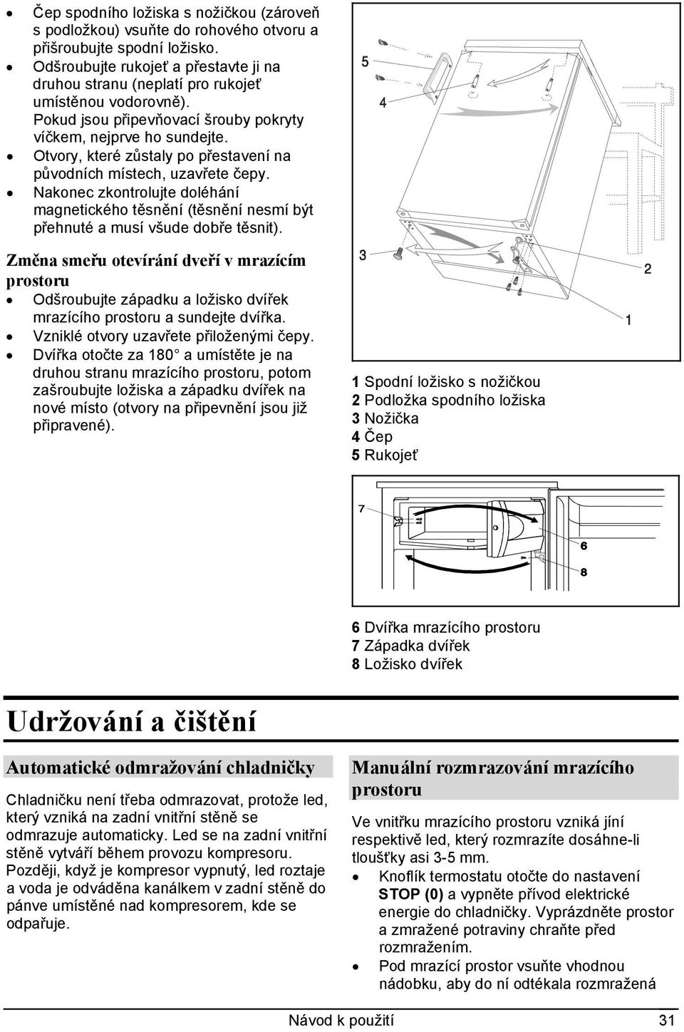 Otvory, které zůstaly po přestavení na původních místech, uzavřete čepy. Nakonec zkontrolujte doléhání magnetického těsnění (těsnění nesmí být přehnuté a musí všude dobře těsnit).