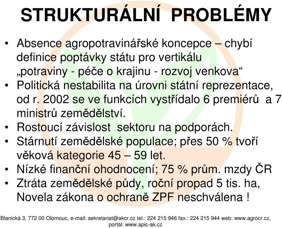 2002 se ve funkcích vystřídalo 6 premiérů a 7 ministrů zemědělství. Rostoucí závislost sektoru na podporách.