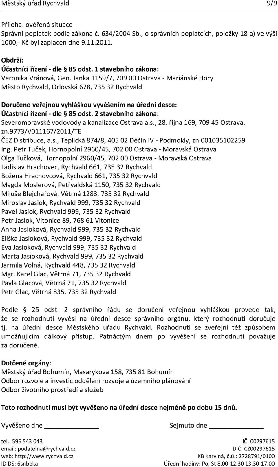 Janka 1159/7, 709 00 Ostrava - Mariánské Hory Město Rychvald, Orlovská 678, 735 32 Rychvald Doručeno veřejnou vyhláškou vyvěšením na úřední desce: Účastníci řízení - dle 85 odst.