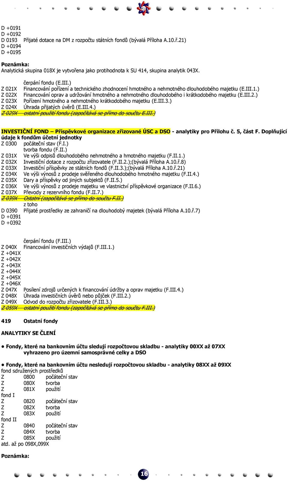 III.2.) Pořízení hmotného a nehmotného krátkodobého majetku (E.III.3.) Úhrada přijatých úvěrů (E.III.4.) ostatní použití fondu (započítává se přímo do součtu E.III.) INVESTIČNÍ FOND Příspěvkové organizace zřizované ÚSC a DSO - analytiky pro Přílohu č.