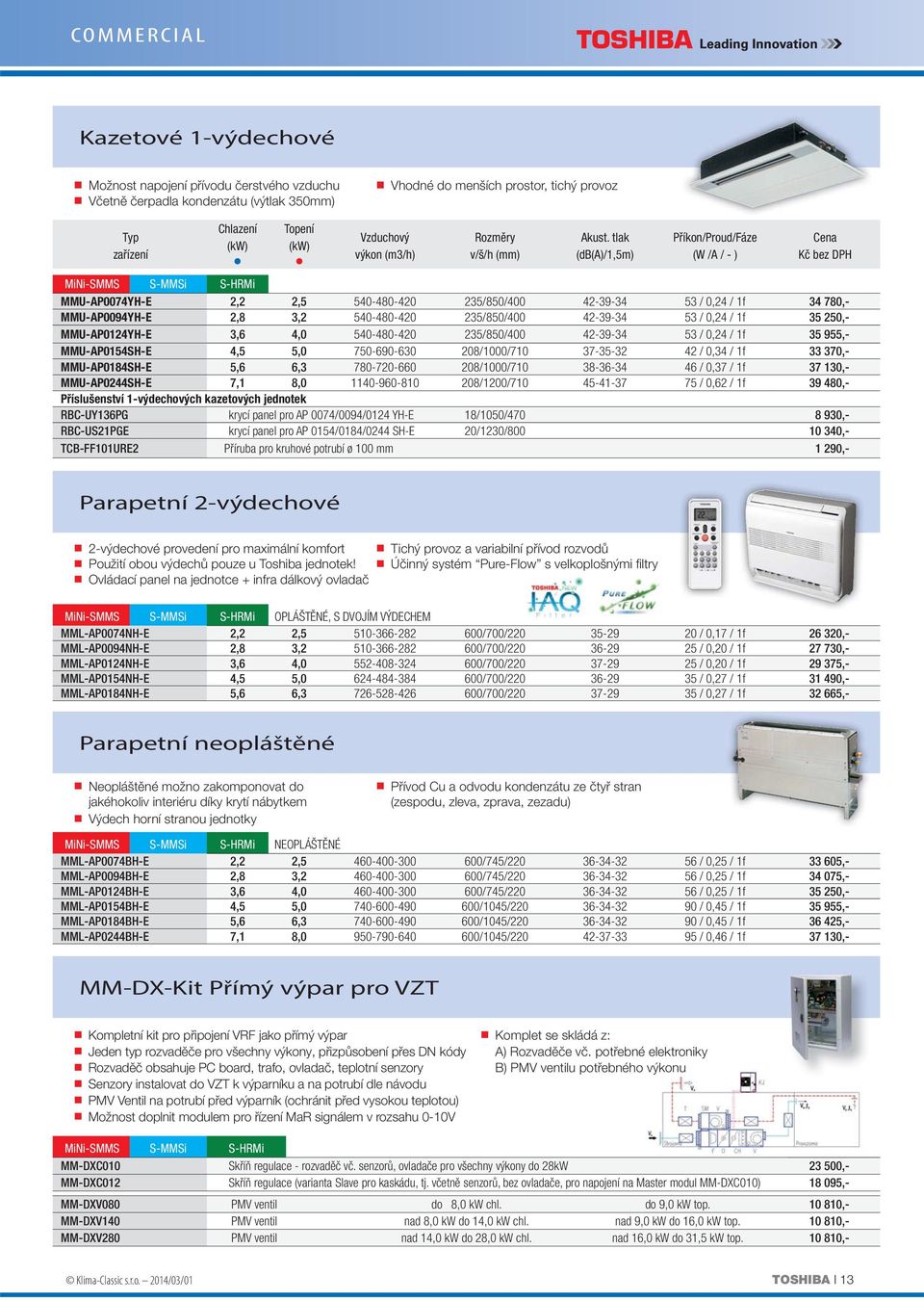 tlak (db(a)/1,5m) Příkon/Proud/Fáze (W /A / - ) MMU-AP0074YH-E 2,2 2,5 540-480-420 235/850/400 42-39-34 53 / 0,24 / 1f 34 780,- MMU-AP0094YH-E 2,8 3,2 540-480-420 235/850/400 42-39-34 53 / 0,24 / 1f