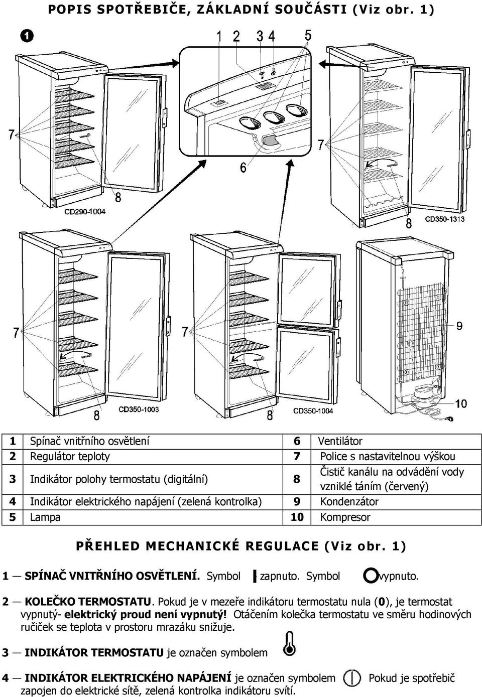 Indikátor elektrického napájení (zelená kontrolka) 9 Kondenzátor 5 Lampa 10 Kompresor PŘEHLED MECHANICKÉ REGULACE (Viz obr. 1) 1 SPÍNAČ VNITŘNÍHO OSVĚTLENÍ. Symbol - zapnuto. Symbol - vypnuto.