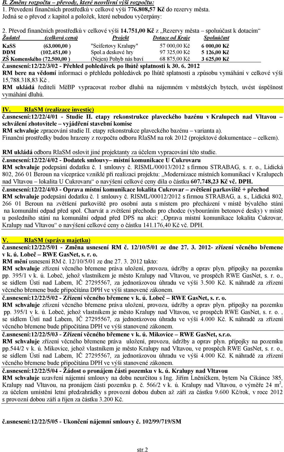 751,00 Kč z Rezervy města spoluúčast k dotacím Žadatel (celková cena) Projekt Dotace od Kraje Spoluúčast KaSS (63.000,00 ) "Seifertovy Kralupy" 57 000,00 Kč 6 000,00 Kč DDM (102.451,00 ) Spol.