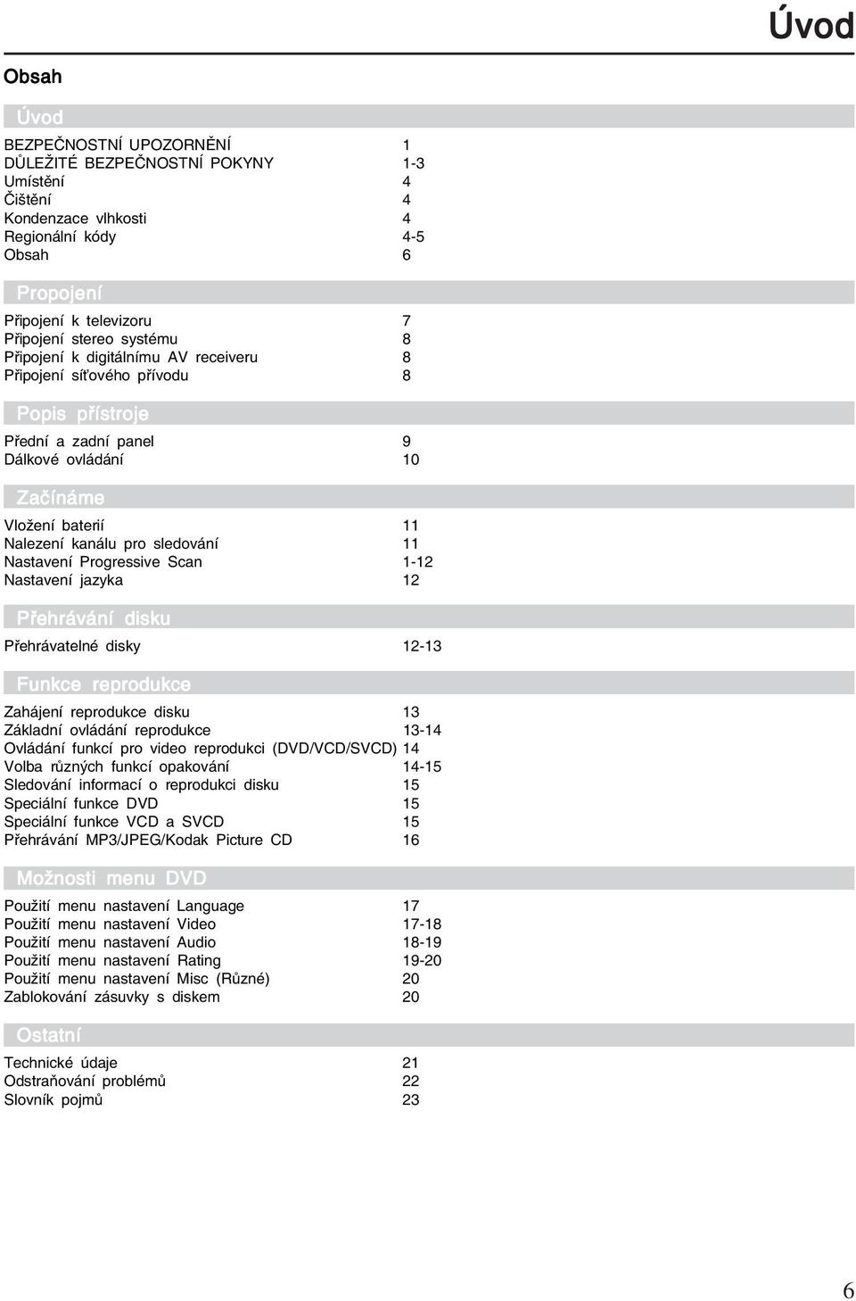 Nastavení Progressive Scan 1-12 Nastavení jazyka 12 Přehrávání disku Přehrávatelné disky 12-13 Funkce reprodukce Zahájení reprodukce disku 13 Základní ovládání reprodukce 13-14 Ovládání funkcí pro