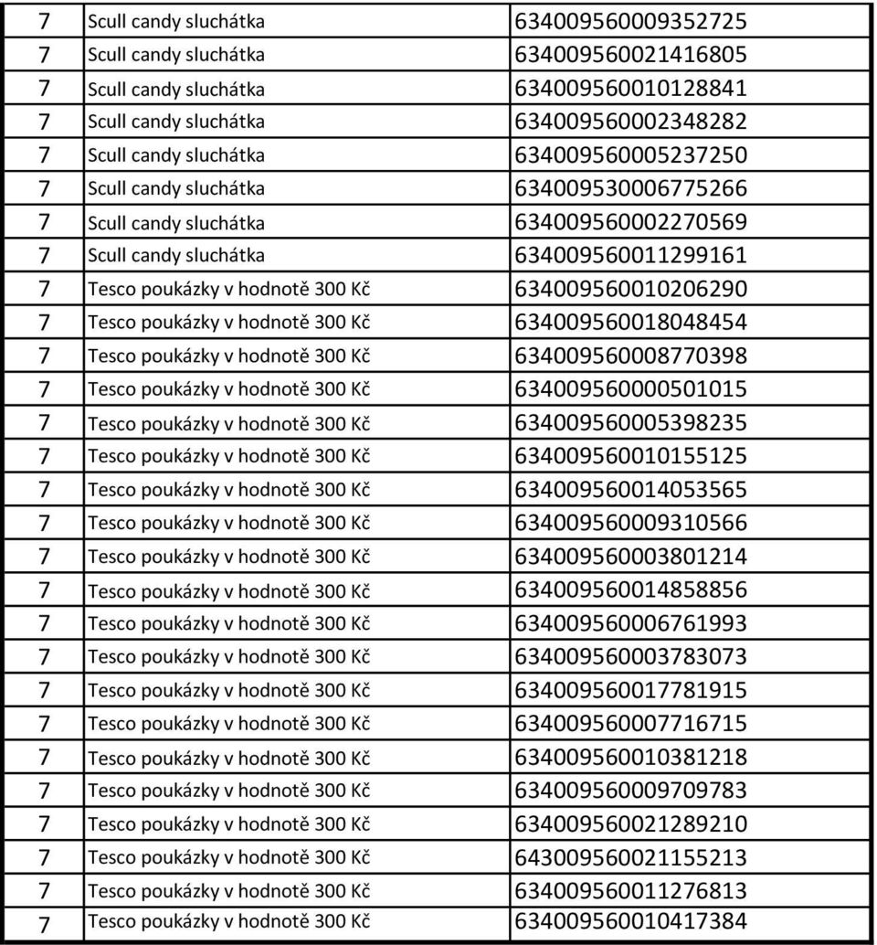 634009560010206290 7 Tesco poukázky v hodnotě 300 Kč 634009560018048454 7 Tesco poukázky v hodnotě 300 Kč 634009560008770398 7 Tesco poukázky v hodnotě 300 Kč 634009560000501015 7 Tesco poukázky v