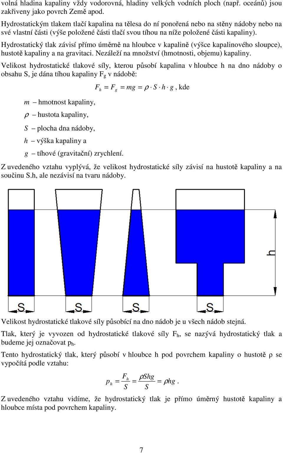 Hydrostatický tlak závisí přímo úměrně na hloubce v kapalině (výšce kapalinového sloupce), hustotě kapaliny a na gravitaci. Nezáleží na množství (hmotnosti, objemu) kapaliny.