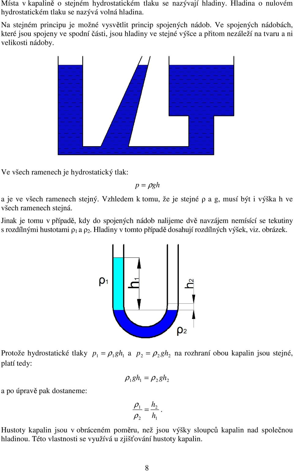 Ve všech ramenech je hydrostatický tlak: p = ρgh a je ve všech ramenech stejný. Vzhledem k tomu, že je stejné ρ a g, musí být i výška h ve všech ramenech stejná.