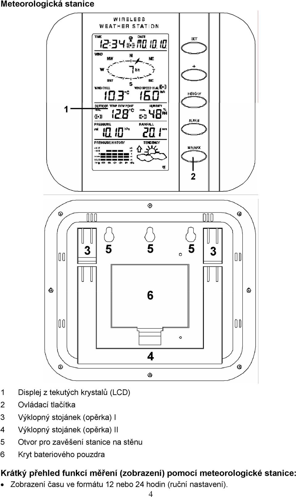 stanice na stěnu 6 Kryt bateriového pouzdra Krátký přehled funkcí měření (zobrazení)