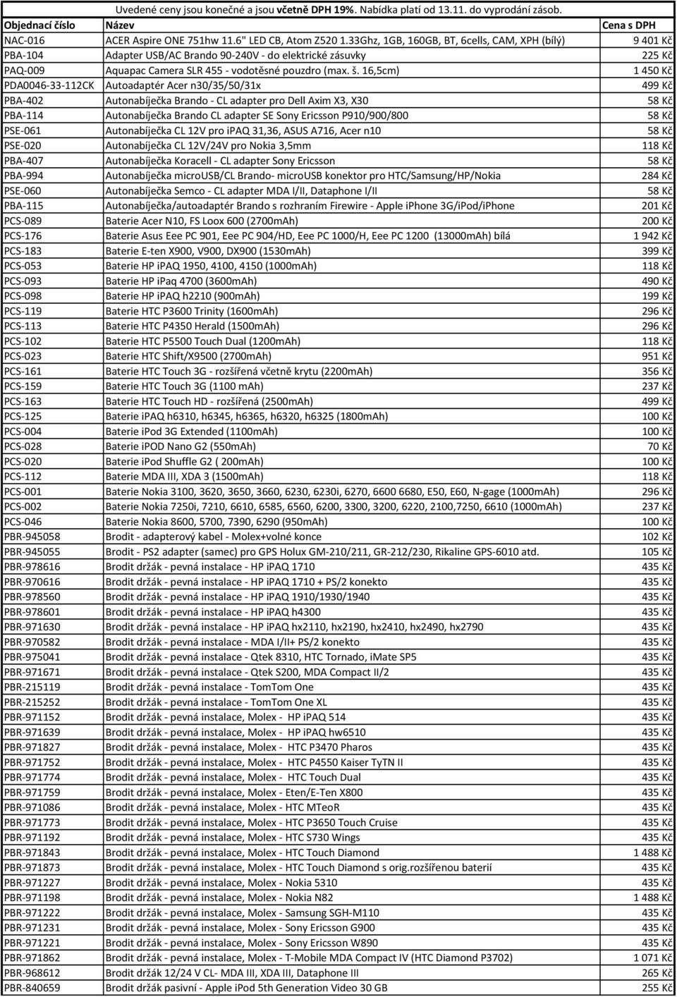 16,5cm) 1450 Kč PDA0046-33-112CK Autoadaptér Acer n30/35/50/31x 499 Kč PBA-402 Autonabíječka Brando - CL adapter pro Dell Axim X3, X30 58 Kč PBA-114 Autonabíječka Brando CL adapter SE Sony Ericsson