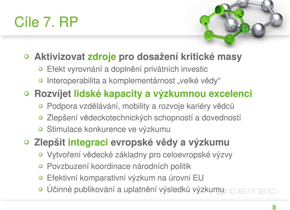 vědy Rozvíjet lidské kapacity a výzkumnou excelenci Podpora vzdělávání, mobility a rozvoje kariéry vědců Zlepšení vědeckotechnických