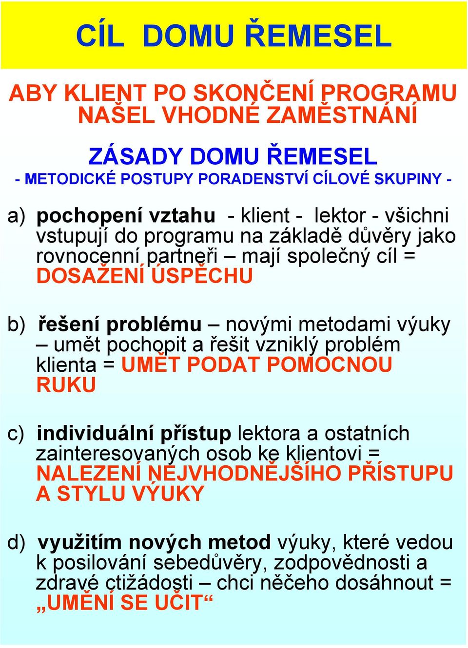 umět pochopit a řešit vzniklý problém klienta = UMĚT PODAT POMOCNOU RUKU c) individuální přístup lektora a ostatních zainteresovaných osob ke klientovi = NALEZENÍ