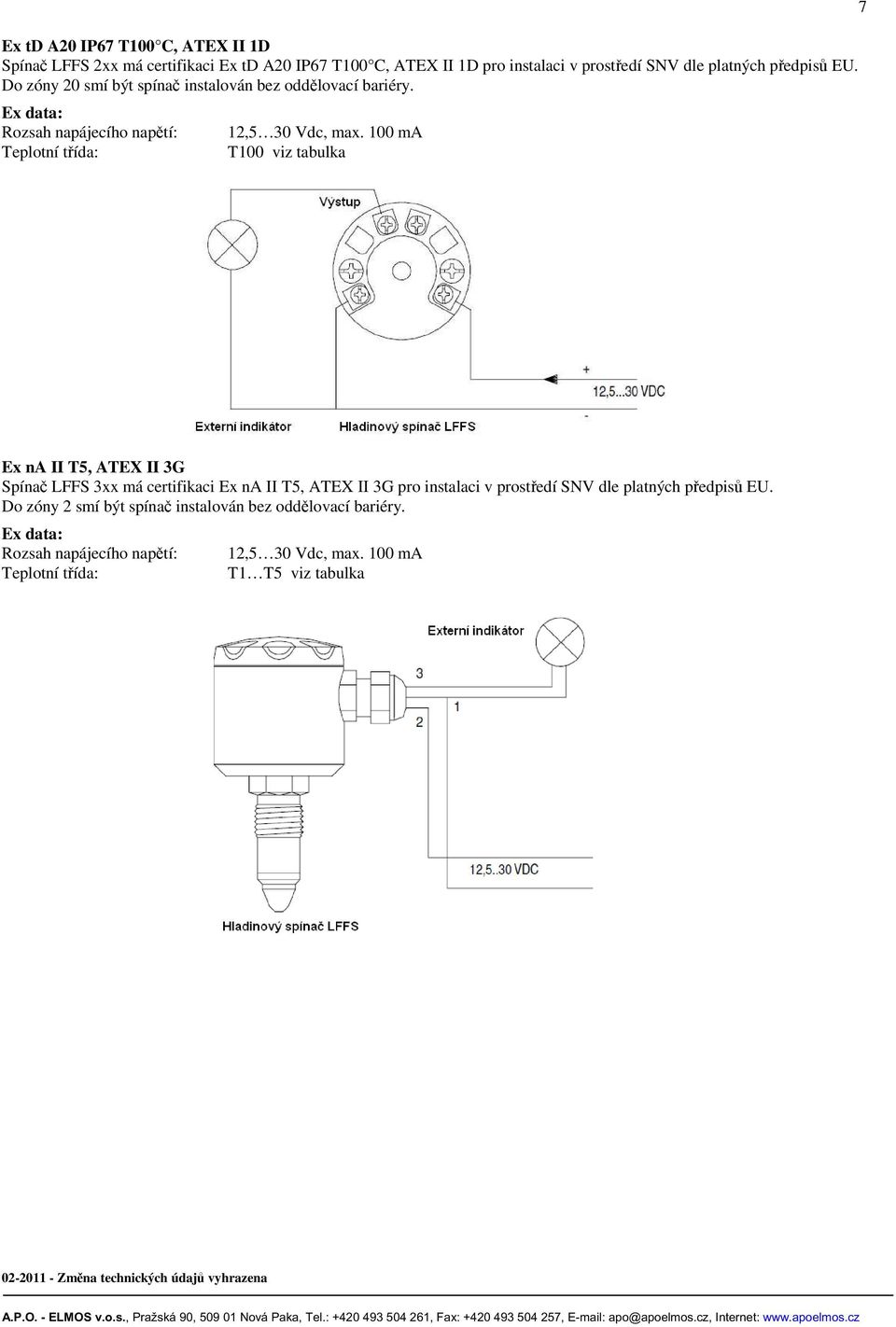 100 ma T100 viz tabulka 7 Ex na II T5, ATEX II 3G Spínač LFFS 3xx má certifikaci Ex na II T5, ATEX II 3G pro instalaci v prostředí SNV dle platných předpisů EU.