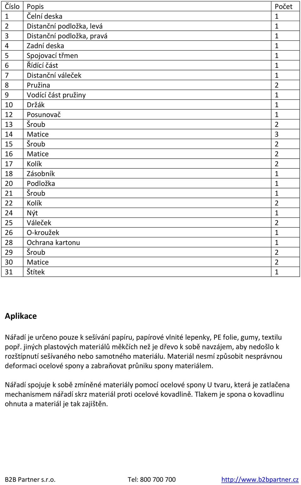 1 29 Šroub 2 30 Matice 2 31 Štítek 1 Aplikace Nářadí je určeno pouze k sešívání papíru, papírové vlnité lepenky, PE folie, gumy, textilu popř.