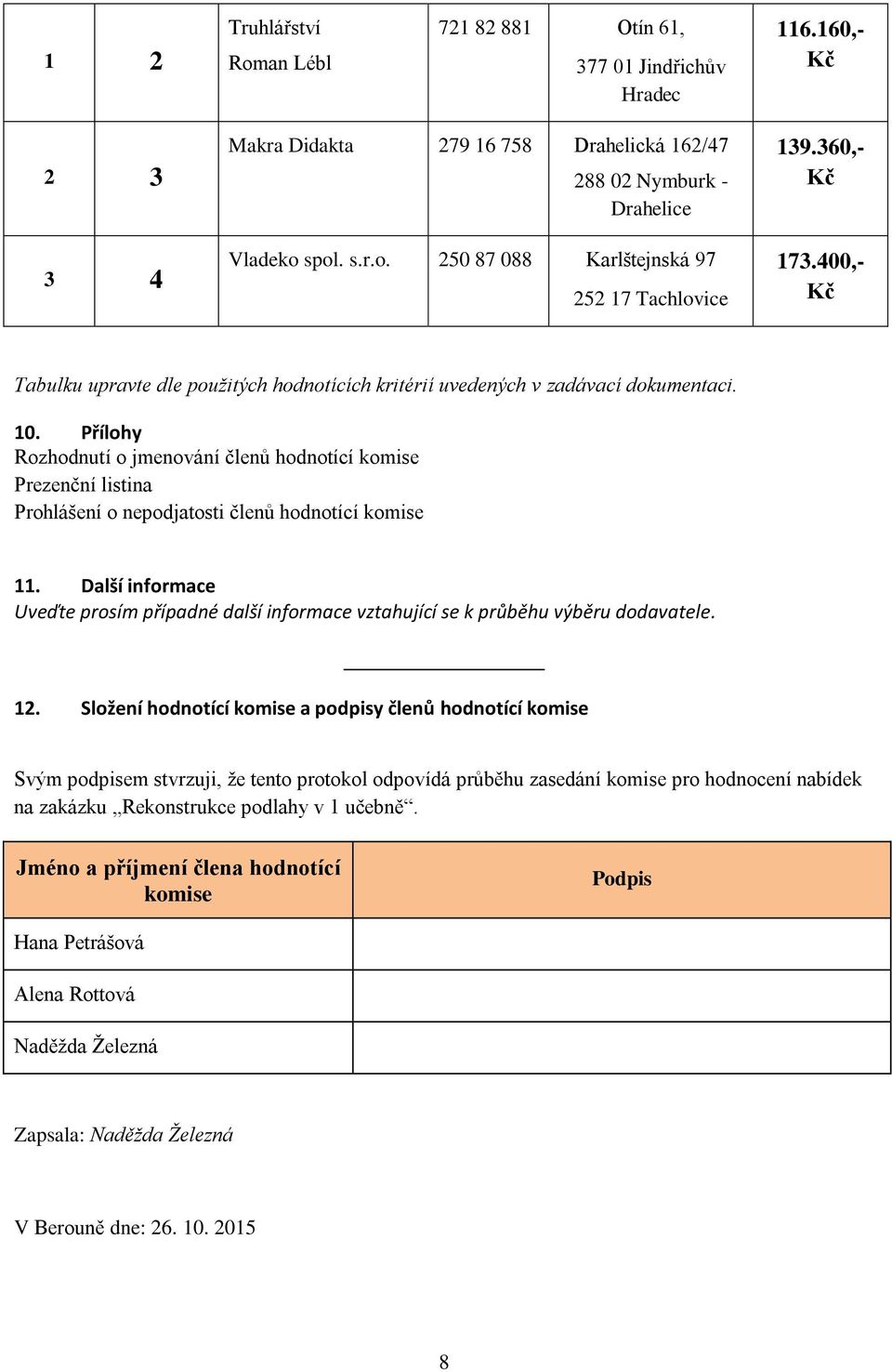 Přílohy Rozhodnutí o jmenování členů hodnotící komise Prezenční listina Prohlášení o nepodjatosti členů hodnotící komise 11.