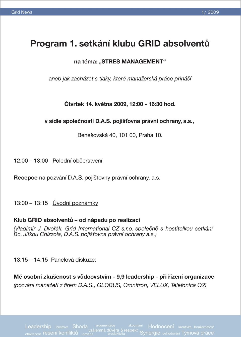 s. 13:00 ñ 13:15 vodnì pozn mky Klub GRID absolvent ñ od n padu po realizaci (VladimÌr J. Dvo k, Grid International CZ s.r.o. spoleënï s hostitelkou setk nì Bc. Jitkou Chizzola, D.A.S.