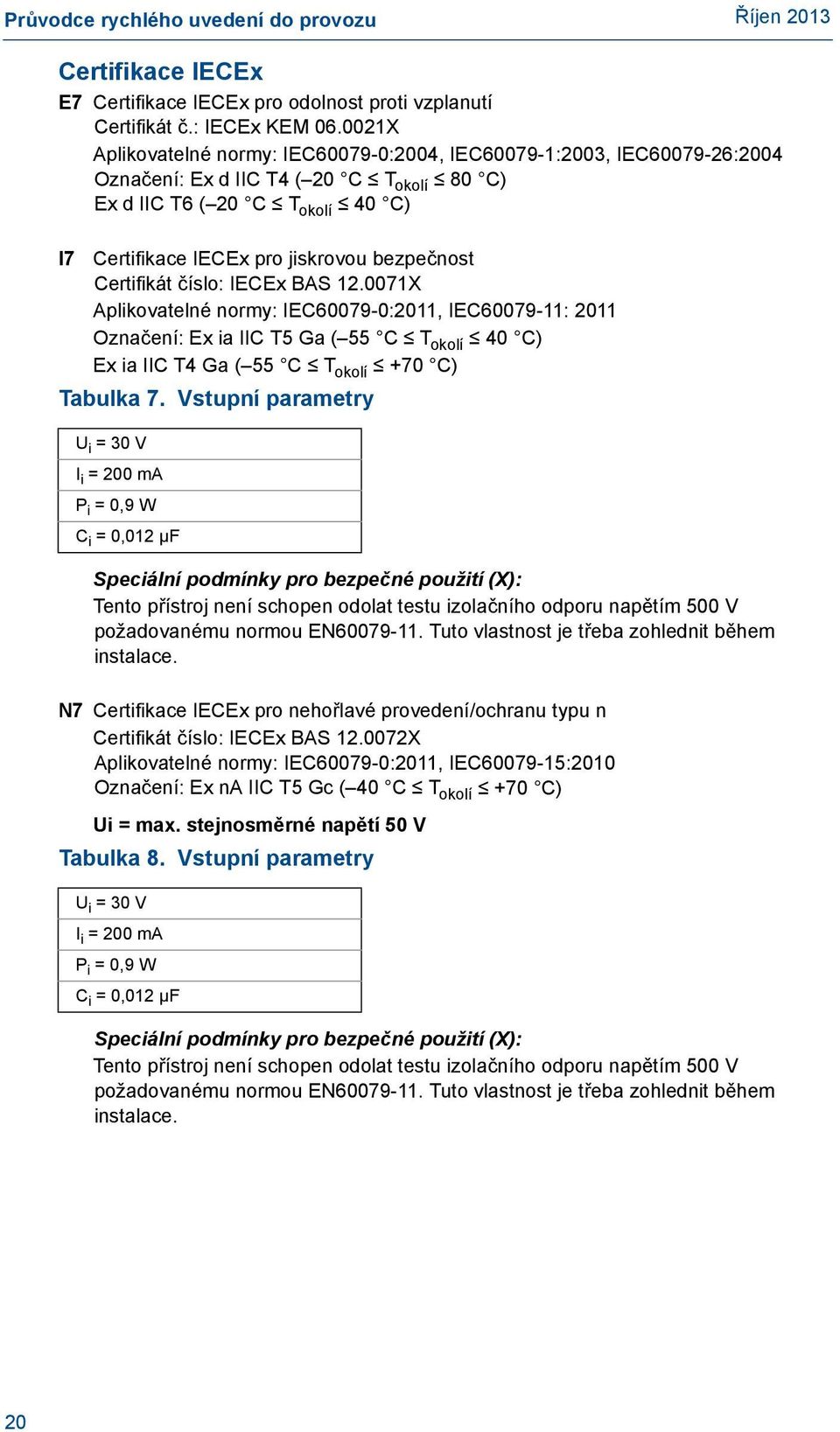 Certifikát číslo: IECEx BAS 12.0071X Aplikovatelné normy: IEC60079-0:2011, IEC60079-11: 2011 Označení: Ex ia IIC T5 Ga ( 55 C T okolí 40 C) Ex ia IIC T4 Ga ( 55 C T okolí +70 C) Tabulka 7.