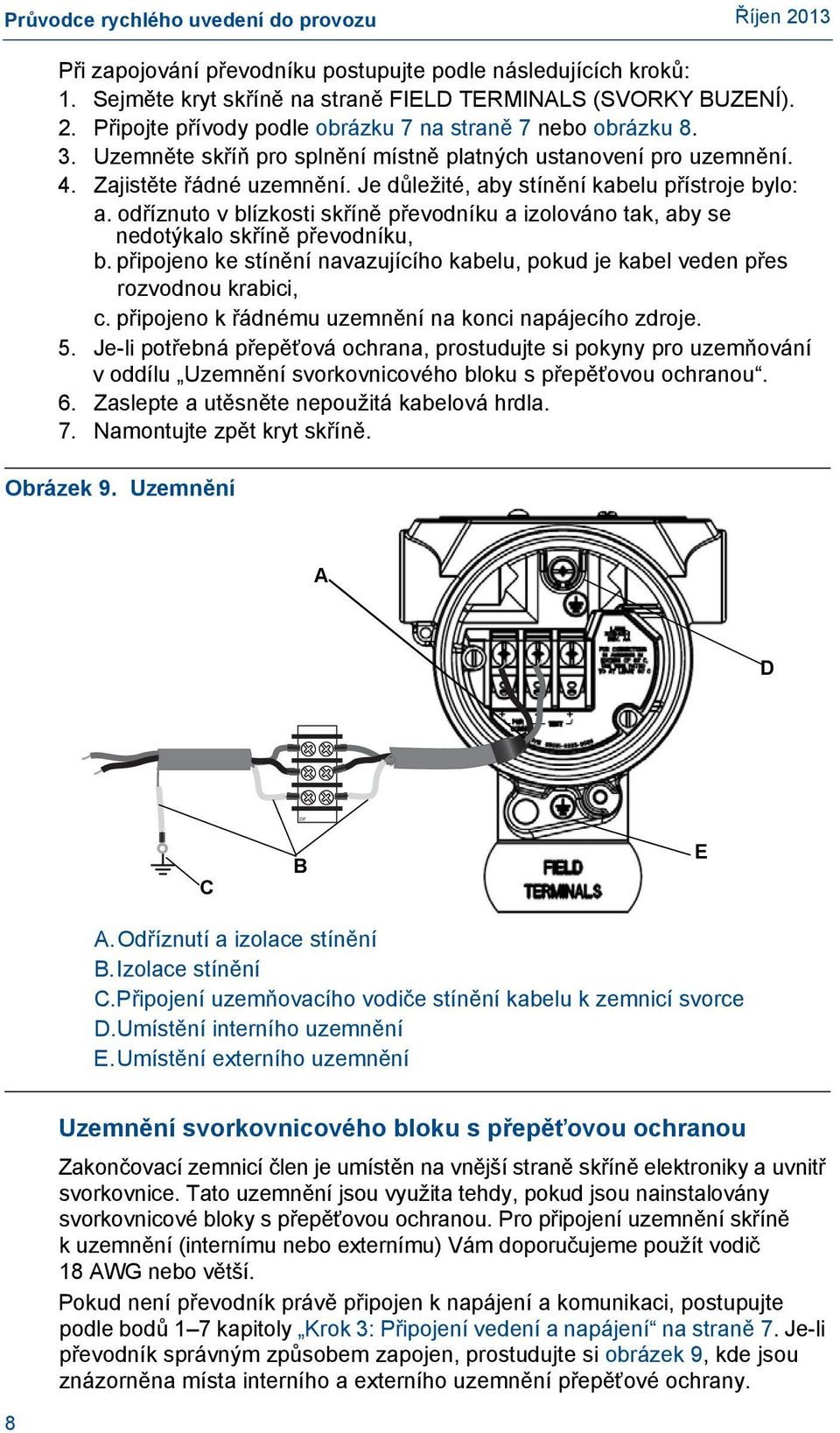 odříznuto v blízkosti skříně převodníku a izolováno tak, aby se nedotýkalo skříně převodníku, b. připojeno ke stínění navazujícího kabelu, pokud je kabel veden přes rozvodnou krabici, c.