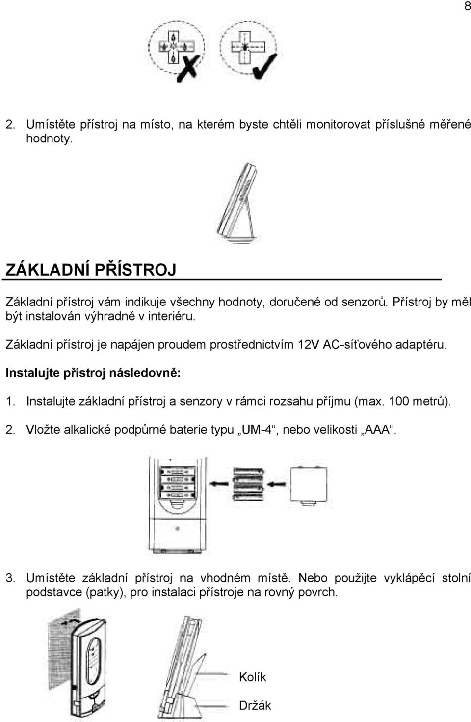 Základní přístroj je napájen proudem prostřednictvím 12V AC-síťového adaptéru. Instalujte přístroj následovně: 1.