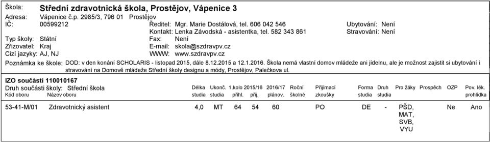 cz Cizí jazyky: AJ, NJ WWW: www.szdravpv.cz Ubytování: ní Stravování: ní Poznámka ke škole: DOD: v den konání SCHOLARIS listopad 2, dále 8..2 a.1.216.