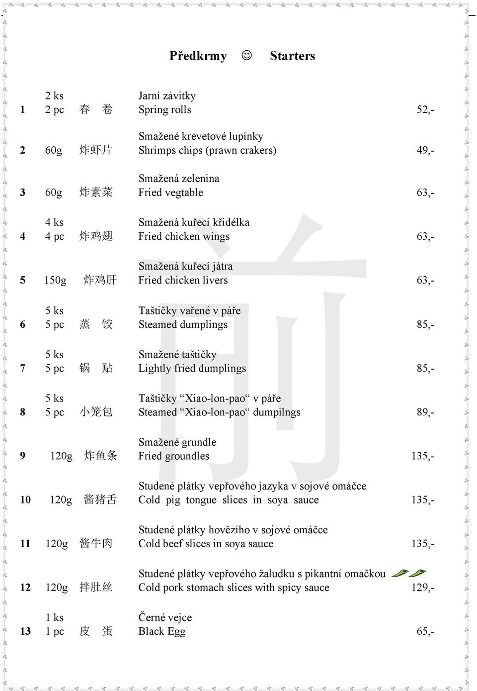 taštičky 7 5 pc 锅 贴 Lightly fried dumplings 85,- 5 ks Taštičky Xiao-lon-pao v páře 8 5 pc 小 笼 包 Steamed Xiao-lon-pao dumpilngs 89,- Smažené grundle 9 120g 炸 鱼 条 Fried groundles 135,- Studené plátky