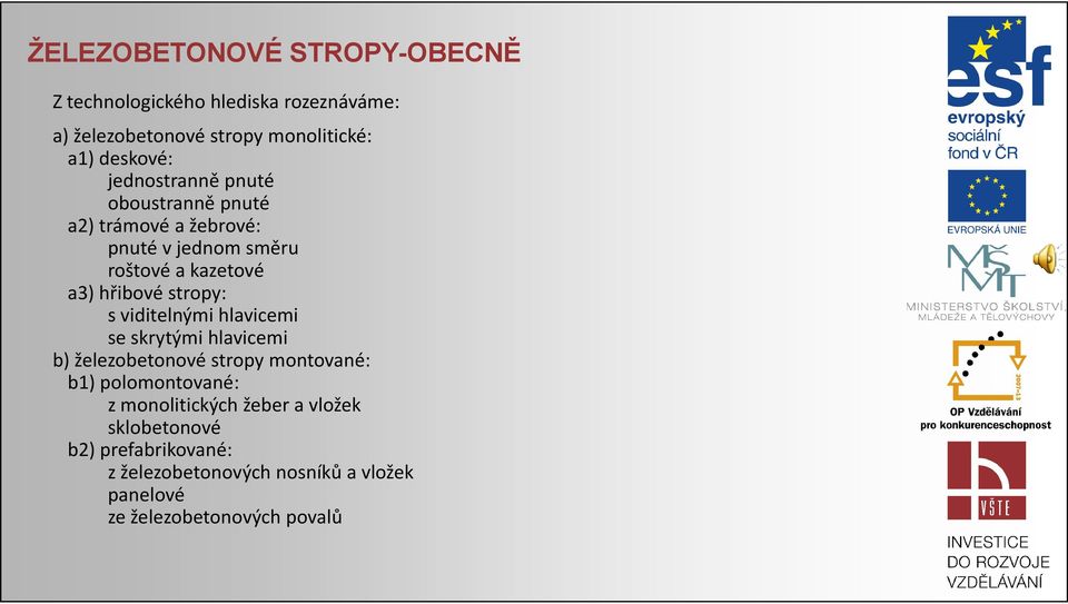 hřibové stropy: s viditelnými hlavicemi se skrytými hlavicemi b) železobetonové stropy montované: b1) polomontované: z