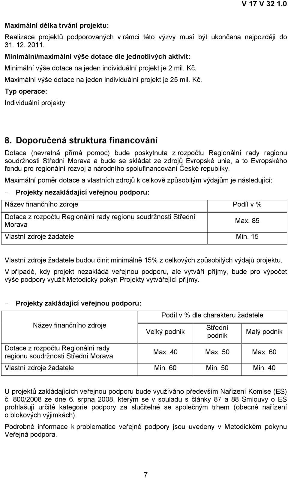 Doporučená struktura financování Dotace (nevratná přímá pomoc) bude poskytnuta z rozpočtu Regionální rady regionu soudržnosti Střední Morava a bude se skládat ze zdrojů Evropské unie, a to Evropského