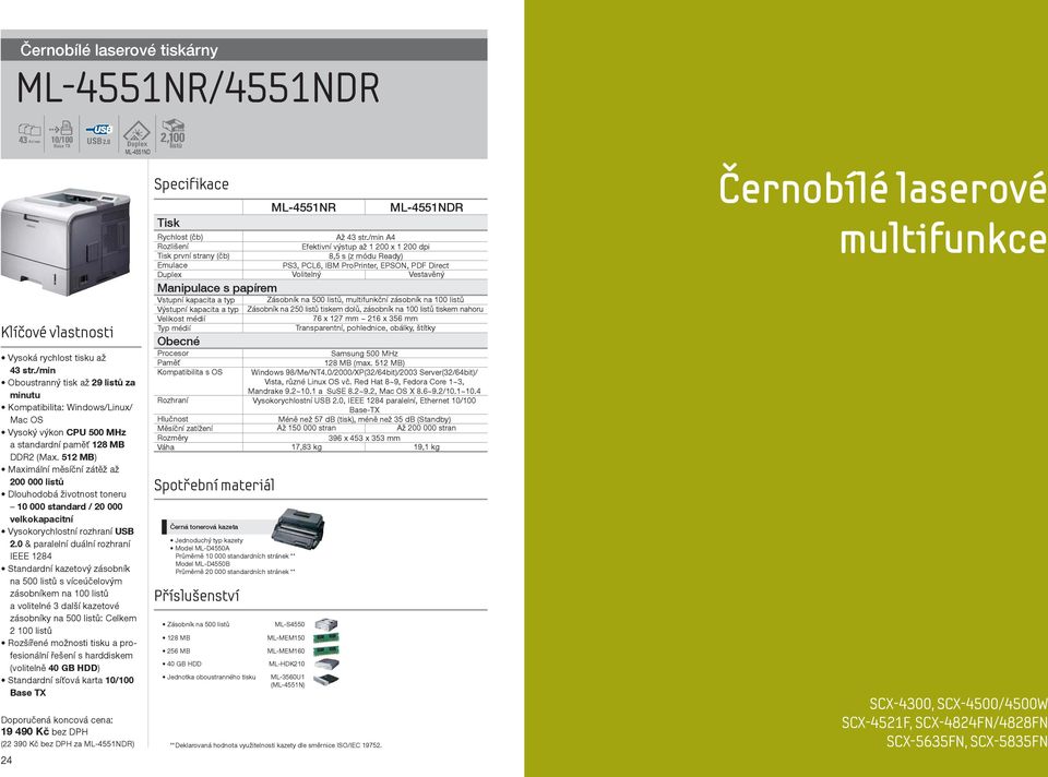 512 MB) Maximální měsíční zátěž až 200 000 listů Dlouhodobá životnost toneru 10 000 standard / 20 000 velkokapacitní Vysokorychlostní rozhraní USB 2.