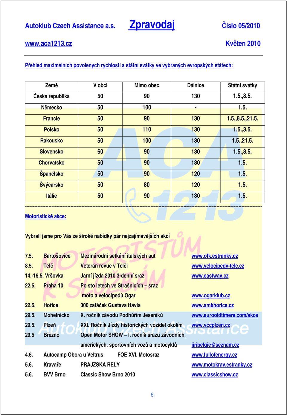 5. Bartošovice Mezinárodní setkání italských aut www.ofk.estranky.cz 8.5. Telč Veterán revue v Telči www.velocipedy-telc.cz 14.-16.5. Vršovka Jarní jízda 2010 3-denní sraz www.eastway.cz 22.5. Praha 10 Po sto letech ve Strašnicích sraz moto a velocipedů Ogar www.