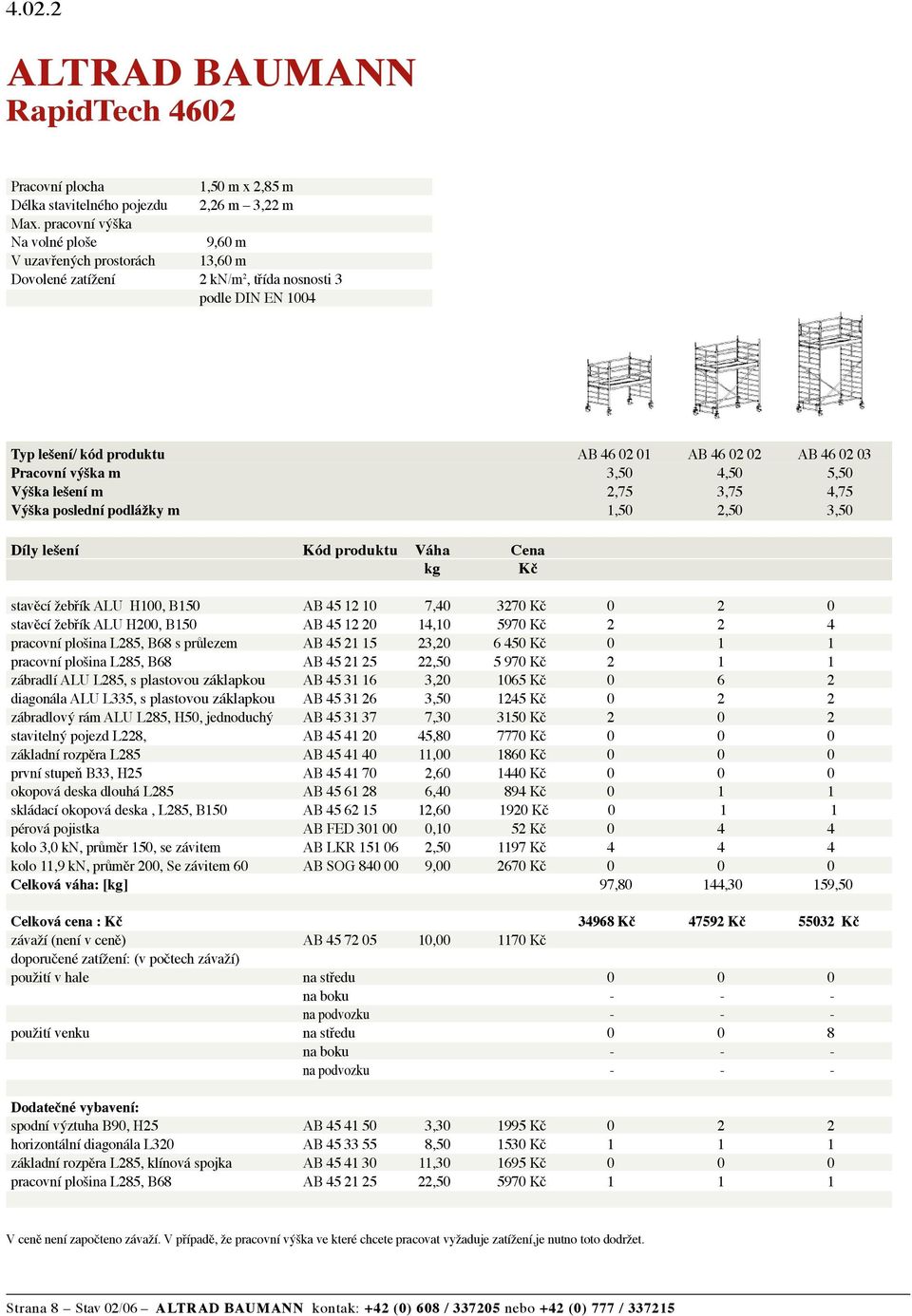 Pracovní výška m 3,50 4,50 5,50 Výška lešení m 2,75 3,75 4,75 Výška poslední podlážky m 1,50 2,50 3,50 Díly lešení Kód produktu Váha Cena kg Kč stavěcí žebřík ALU H100, B150 AB 45 12 10 7,40 3270 Kč