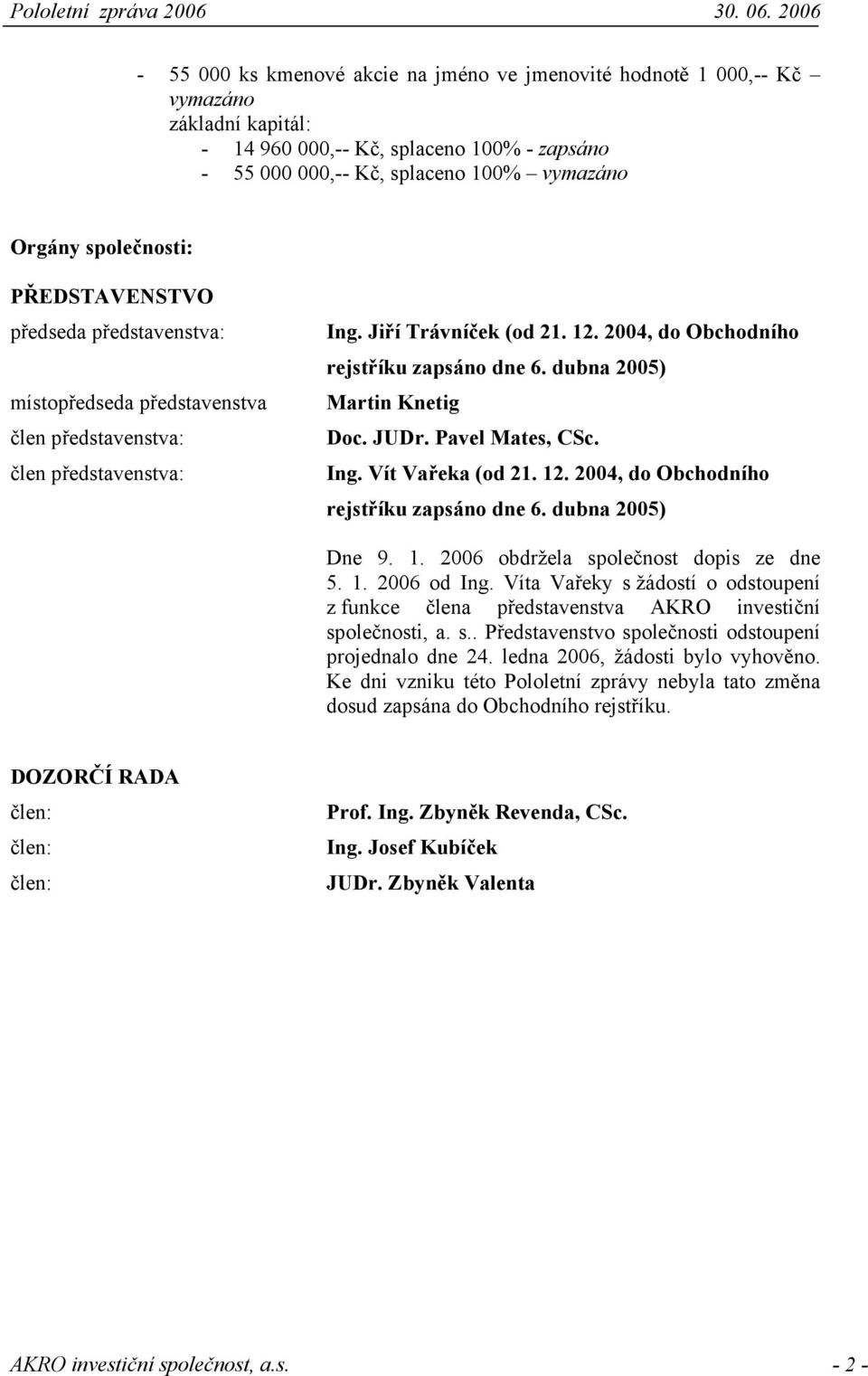 dubna 2005) Martin Knetig Doc. JUDr. Pavel Mates, CSc. Ing. Vít Vařeka (od 21. 12. 2004, do Obchodního rejstříku zapsáno dne 6. dubna 2005) Dne 9. 1. 2006 obdržela společnost dopis ze dne 5. 1. 2006 od Ing.