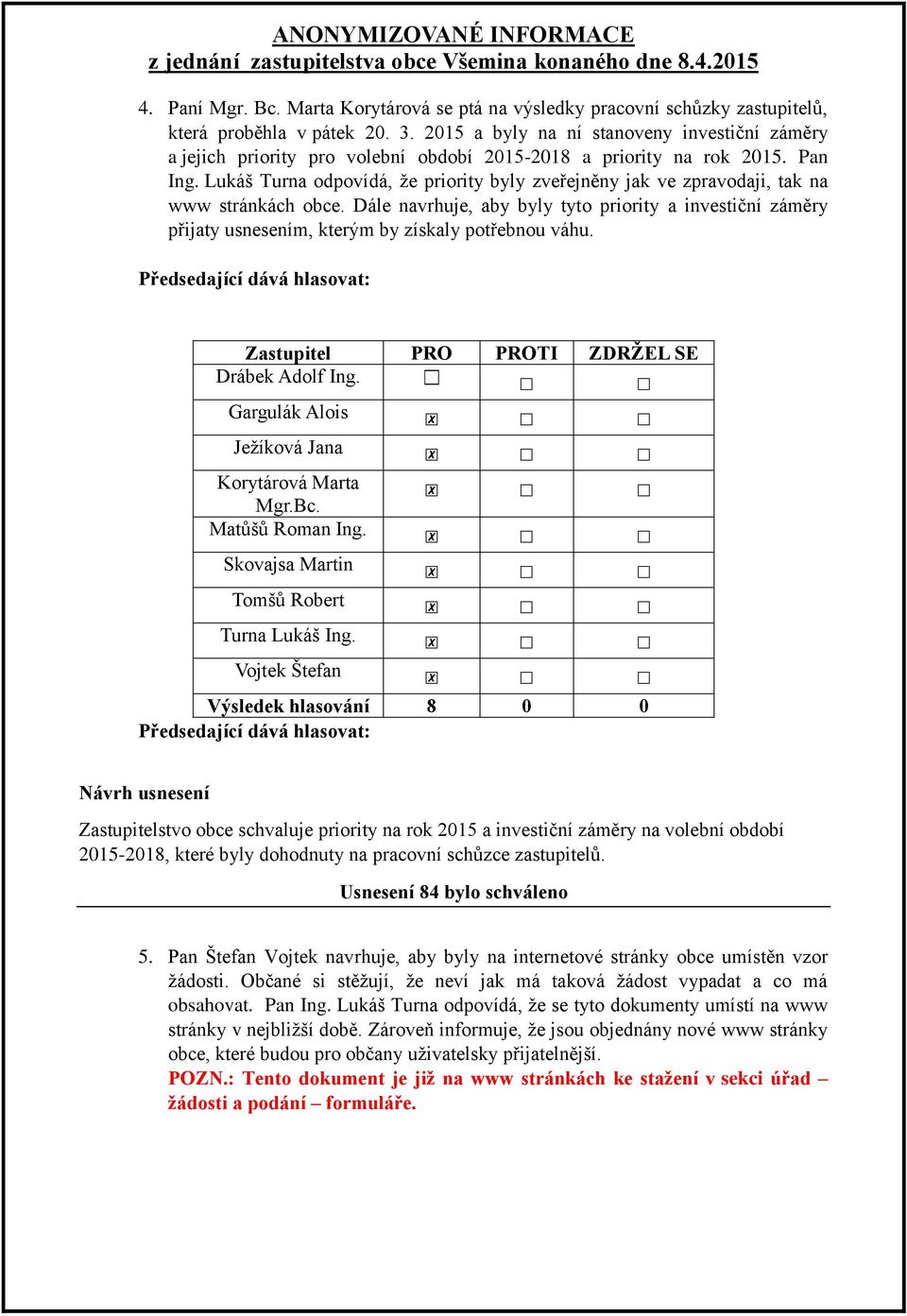 Lukáš Turna odpovídá, že priority byly zveřejněny jak ve zpravodaji, tak na www stránkách obce.