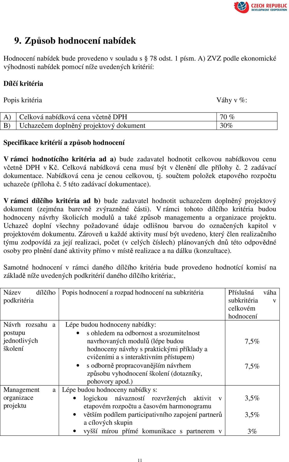 30% Specifikace kritérií a způsob hodnocení V rámci hodnotícího kritéria ad a) bude zadavatel hodnotit celkovou nabídkovou cenu včetně DPH v Kč.