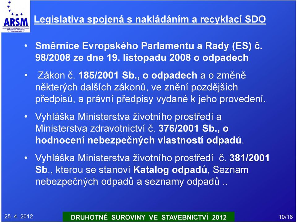 , o odpadech a o změně některých dalších zákonů, ve znění pozdějších předpisů, a právní předpisy vydané k jeho provedení.