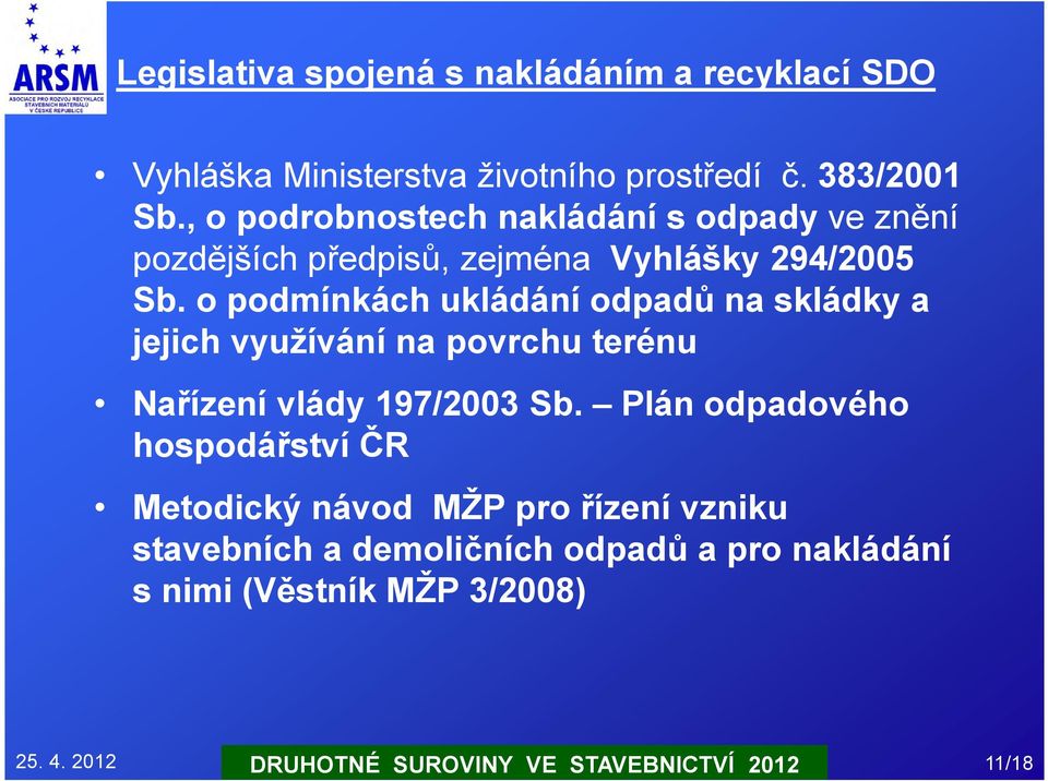 o podmínkách ukládání odpadů na skládky a jejich využívání na povrchu terénu Nařízení vlády 197/2003 Sb.