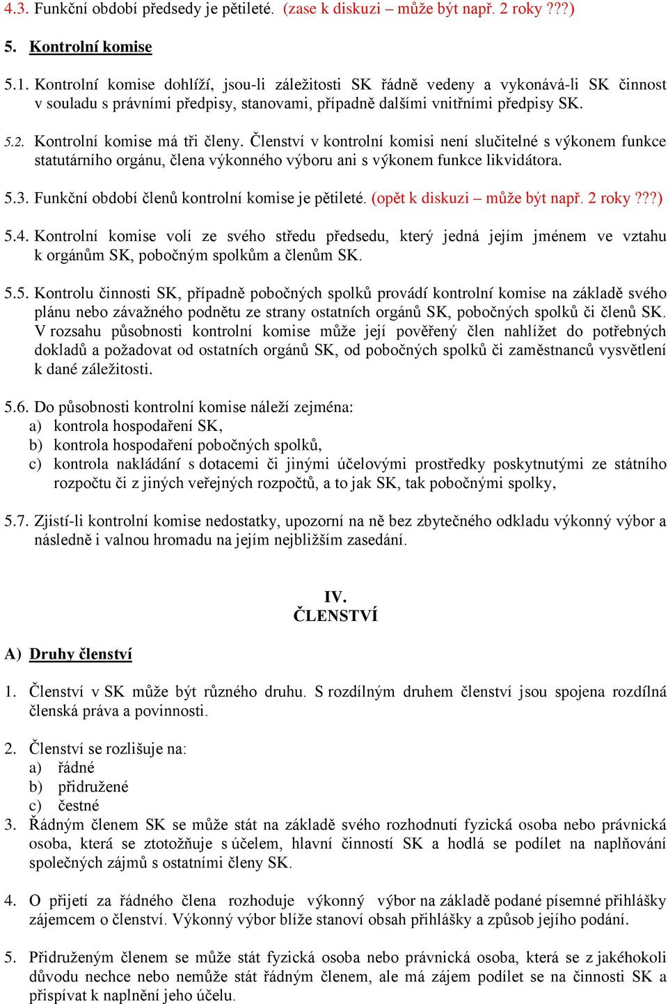 Kontrolní komise má tři členy. Členství v kontrolní komisi není slučitelné s výkonem funkce statutárního orgánu, člena výkonného výboru ani s výkonem funkce likvidátora. 5.3.