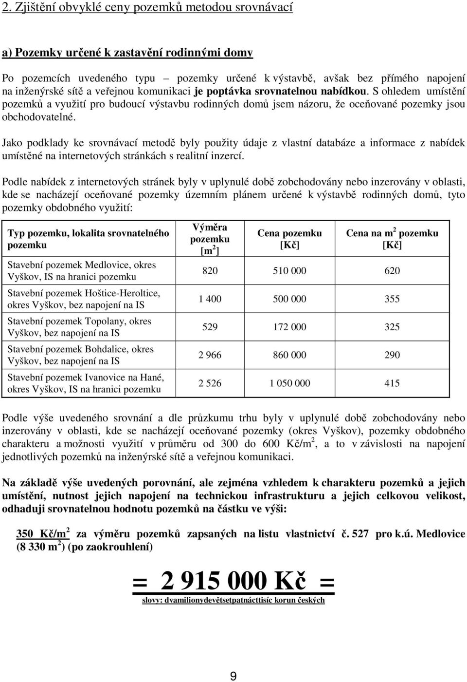 Jako podklady ke srovnávací metodě byly použity údaje z vlastní databáze a informace z nabídek umístěné na internetových stránkách s realitní inzercí.