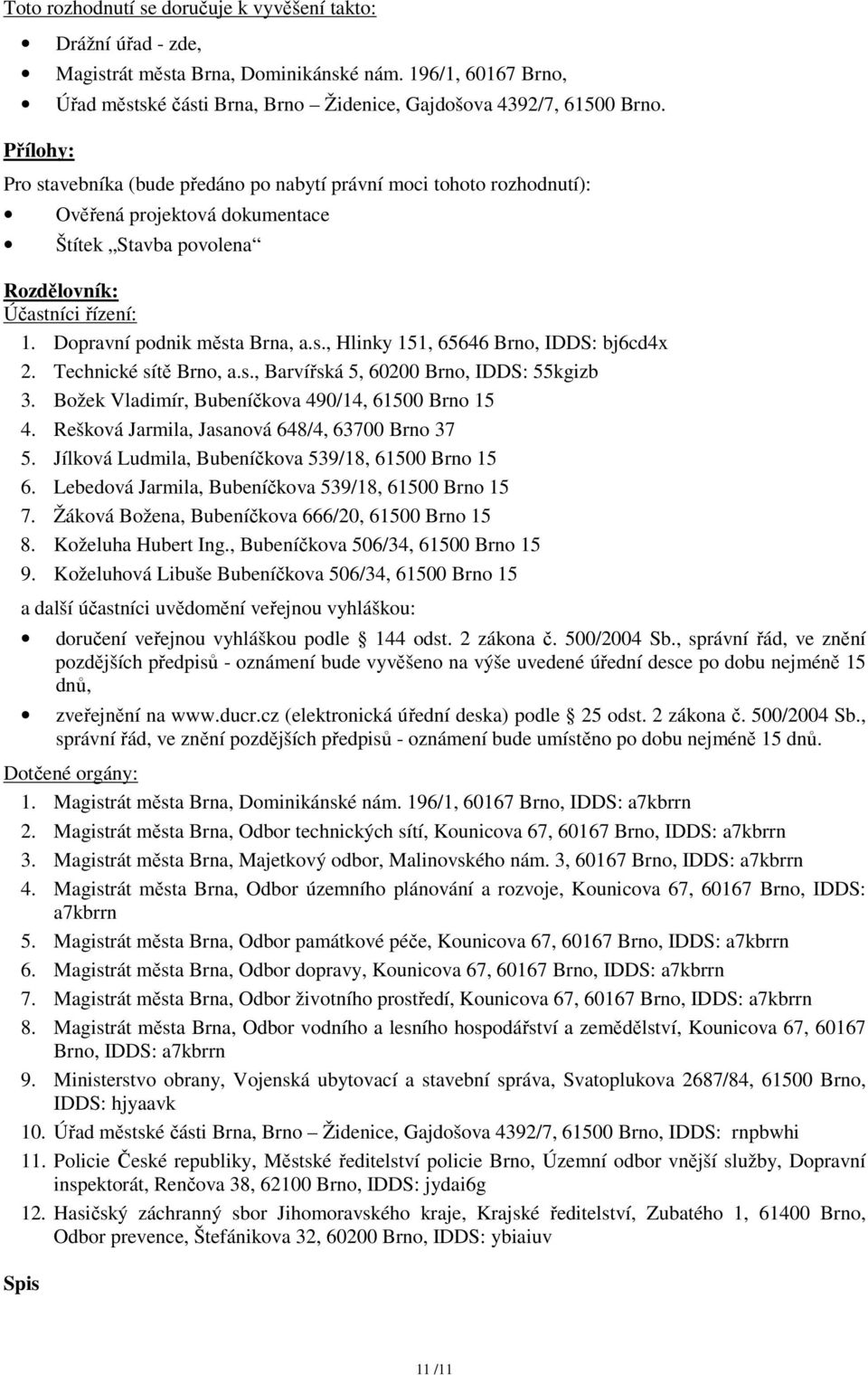 Technické sítě Brno, a.s., Barvířská 5, 60200 Brno, IDDS: 55kgizb 3. Božek Vladimír, Bubeníčkova 490/14, 61500 Brno 15 4. Rešková Jarmila, Jasanová 648/4, 63700 Brno 37 5.