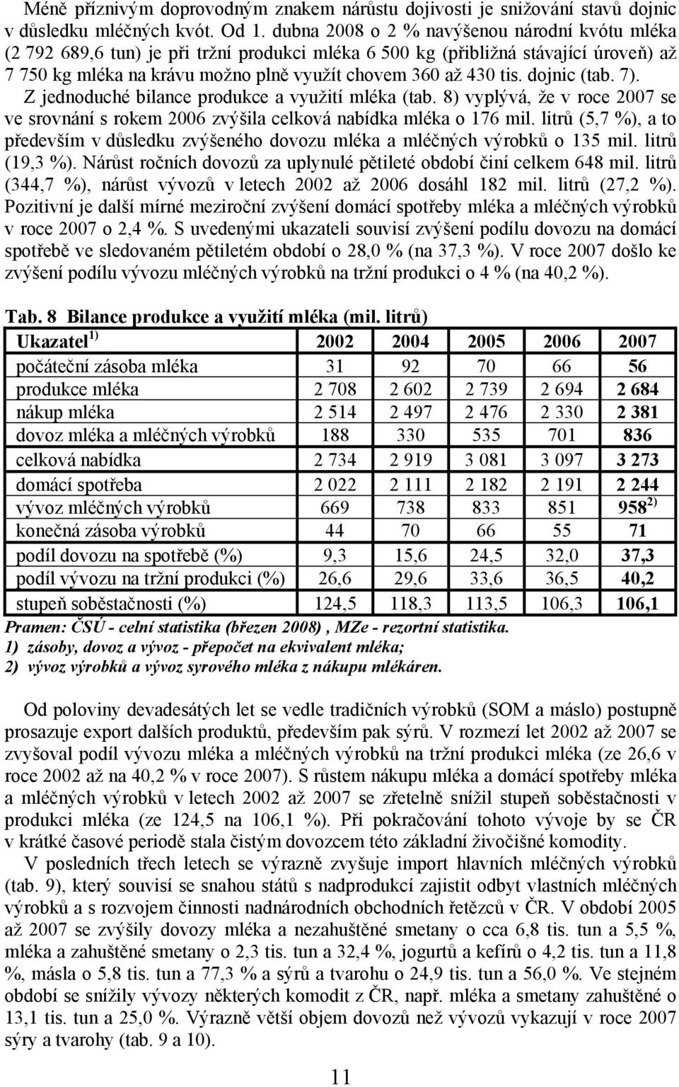 dojnic (tab. 7). Z jednoduché bilance produkce a využití mléka (tab. 8) vyplývá, že v roce 2007 se ve srovnání s rokem 2006 zvýšila celková nabídka mléka o 176 mil.