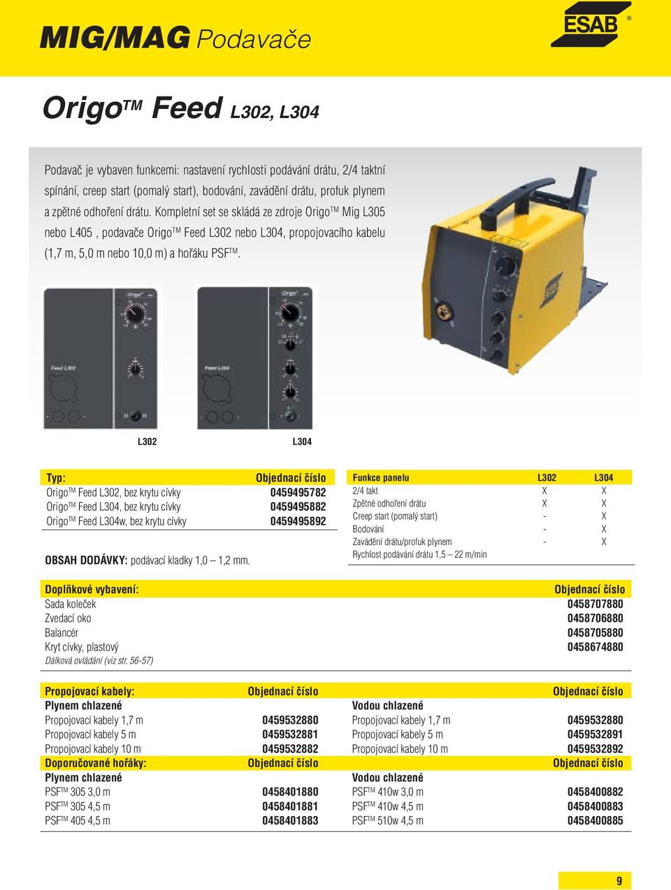 L302 L304 Typ: Origo TM Feed L302, bez krytu cívky 0459495782 Origo TM Feed L304, bez krytu cívky 0459495882 Origo TM Feed L304w, bez krytu cívky 0459495892 OBSAH DODÁVKY: podávací kladky 1,0 1,2 mm.