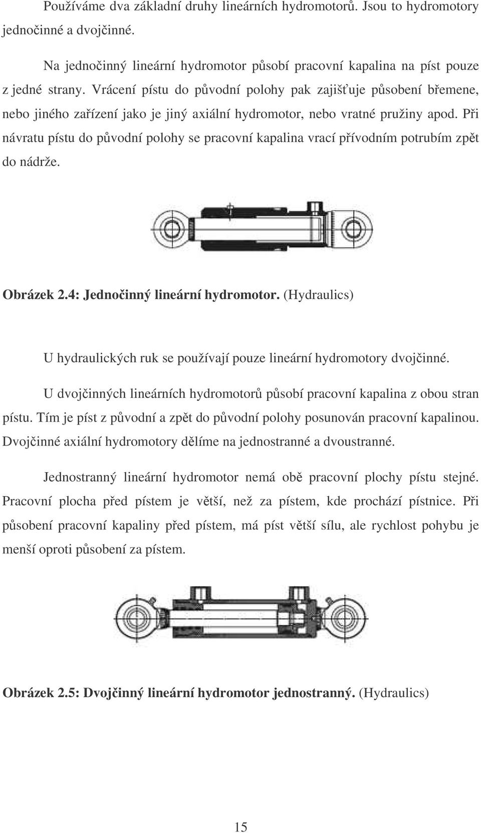 Pi návratu pístu do pvodní polohy se pracovní kapalina vrací pívodním potrubím zpt do nádrže. Obrázek 2.4: Jednoinný lineární hydromotor.